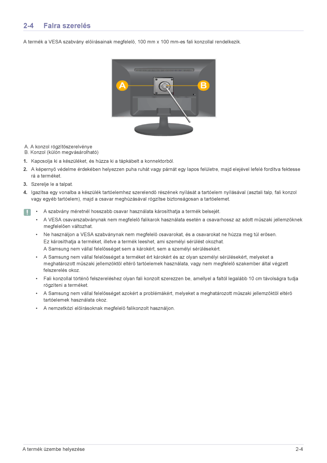 Samsung LS24LRZKUV/EN manual Falra szerelés 