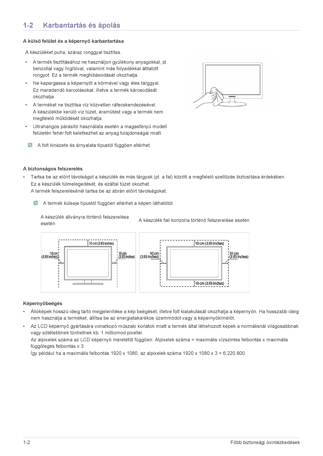 Samsung LS24LRZKUV/EN manual Karbantartás és ápolás, Külső felület és a képernyő karbantartása, Biztonságos felszerelés 