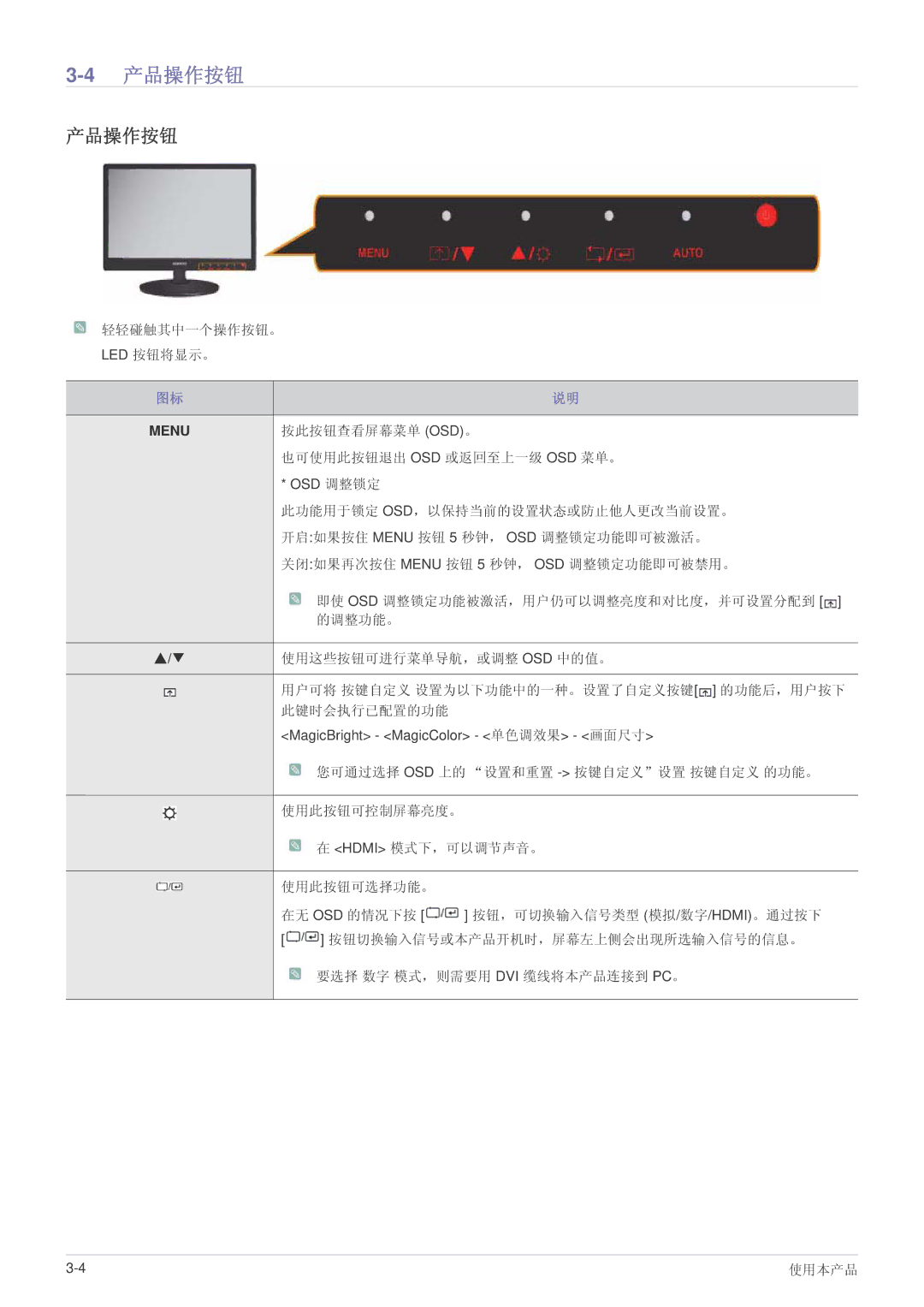 Samsung LS24LRZKUV/EN manual 4产品操作按钮 