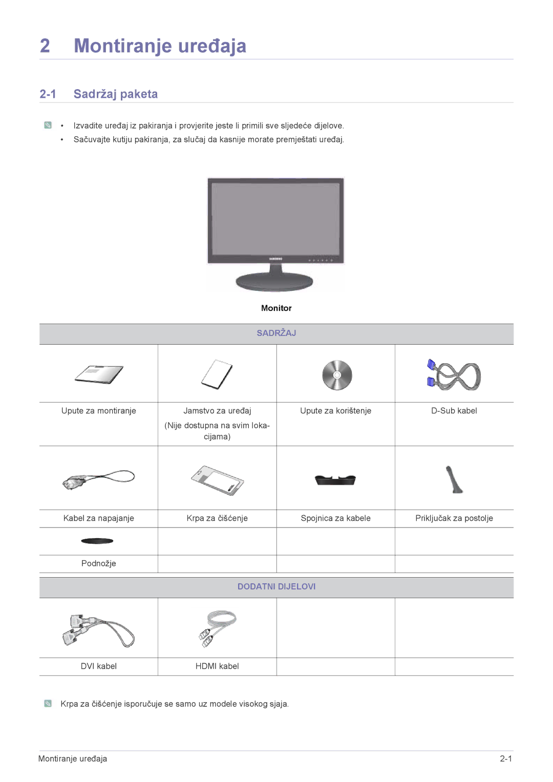 Samsung LS24LRZKUV/EN manual Montiranje uređaja, Sadržaj paketa, Dodatni Dijelovi 