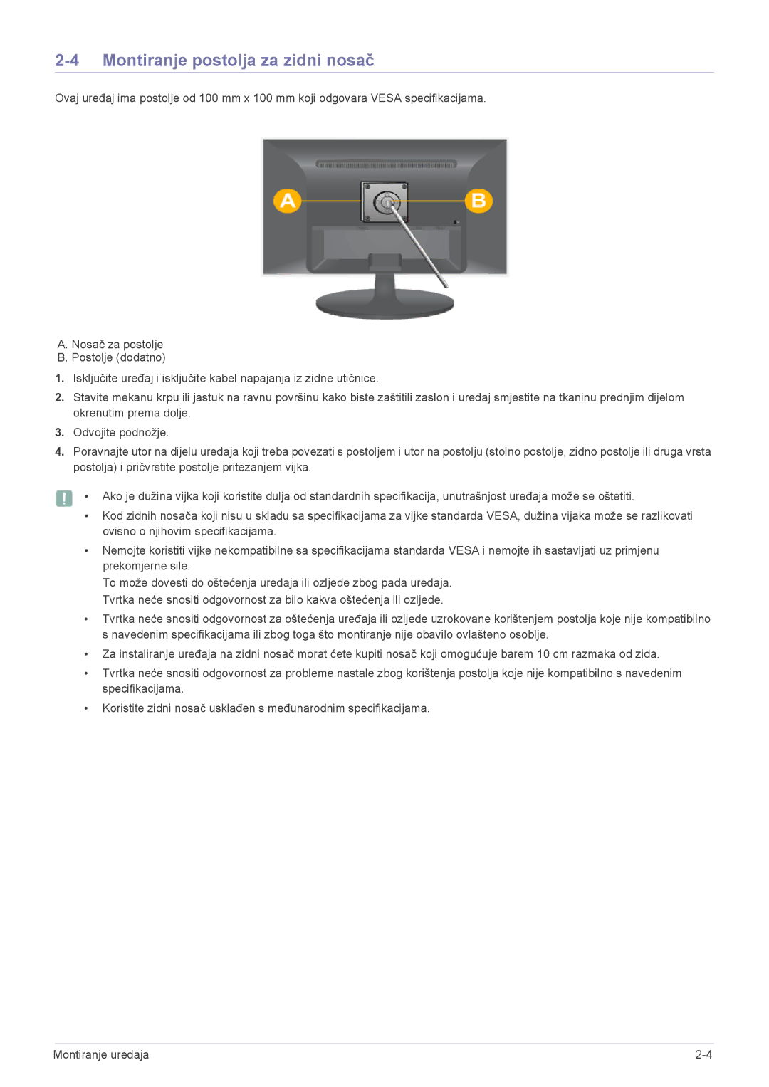 Samsung LS24LRZKUV/EN manual Montiranje postolja za zidni nosač 