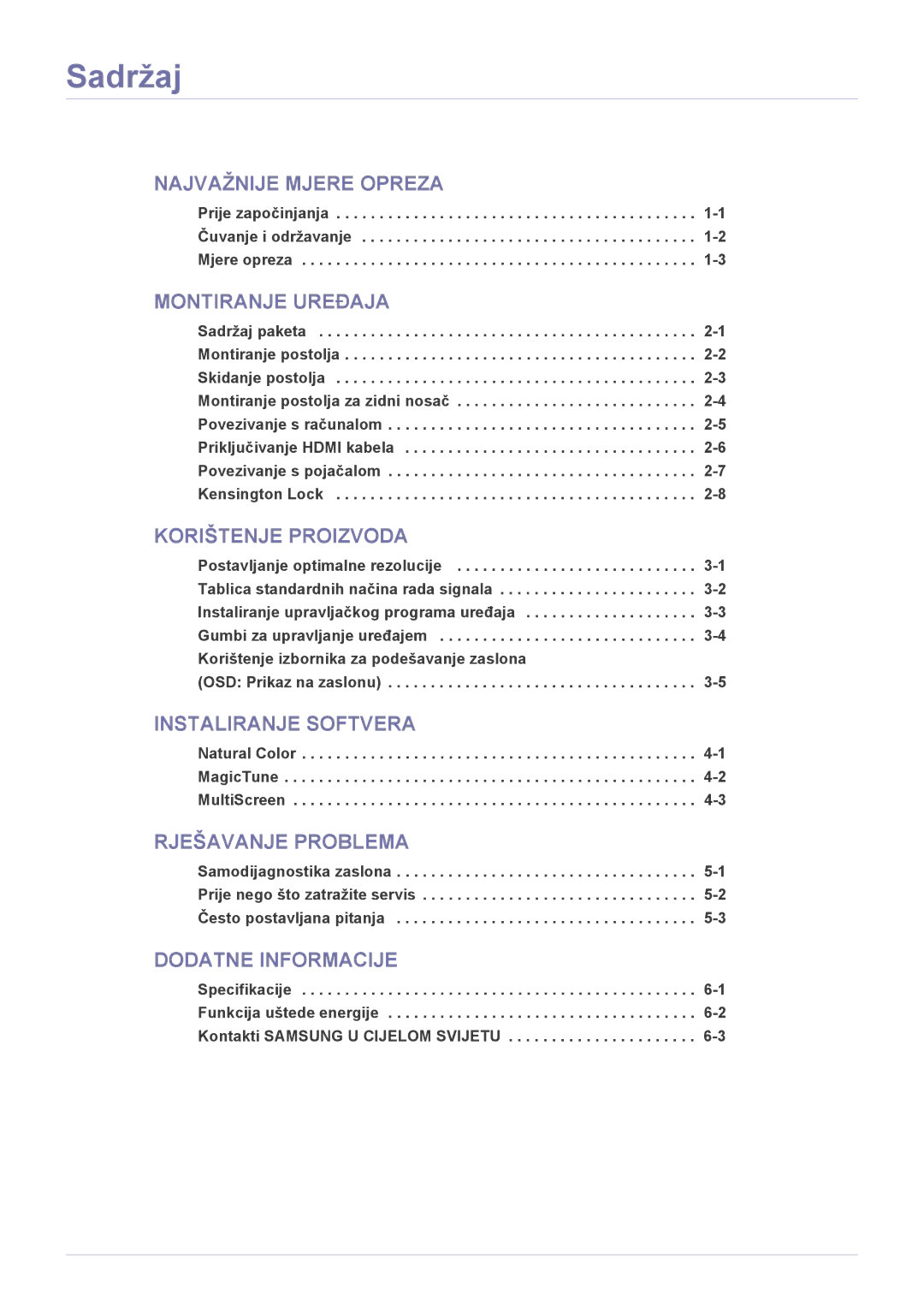 Samsung LS24LRZKUV/EN manual Sadržaj, Prije započinjanja -1 Čuvanje i održavanje -2 Mjere opreza, OSD Prikaz na zaslonu 