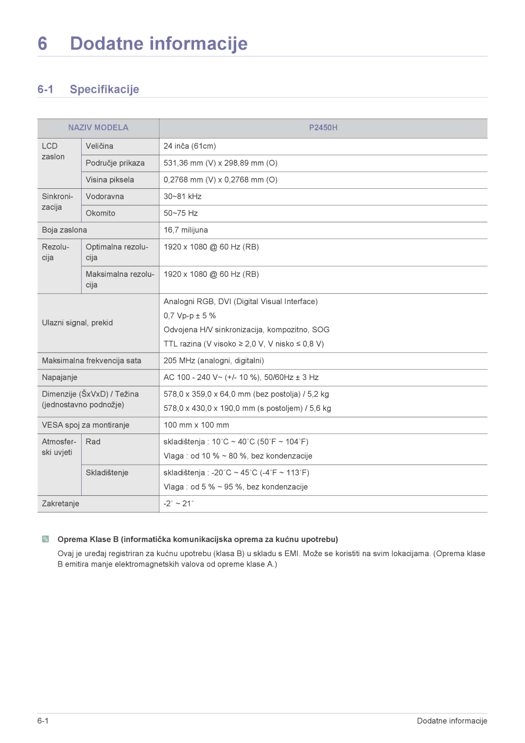 Samsung LS24LRZKUV/EN manual Dodatne informacije, Specifikacije, Naziv Modela 