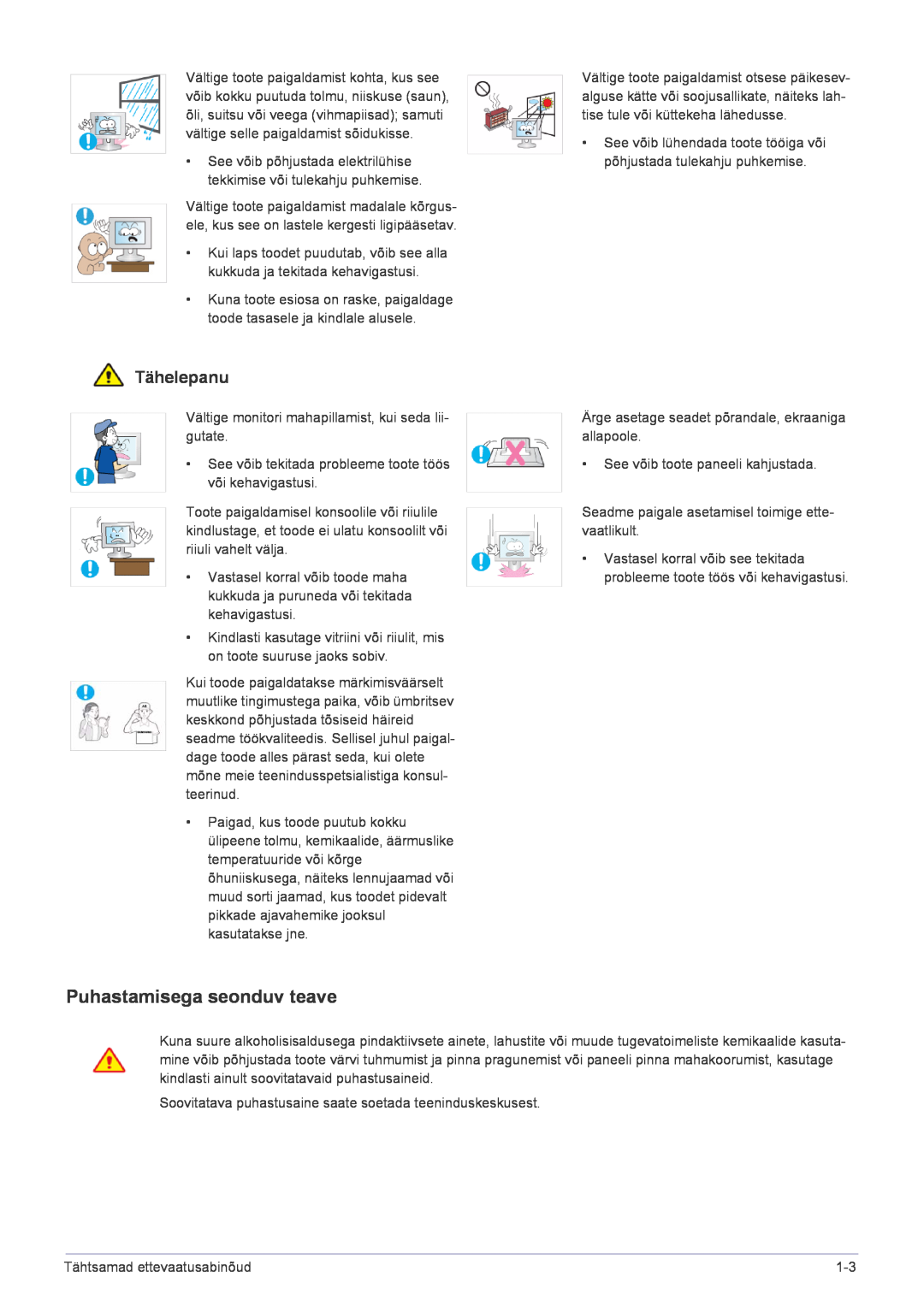 Samsung LS24LRZKUV/EN manual Puhastamisega seonduv teave, Tähelepanu 