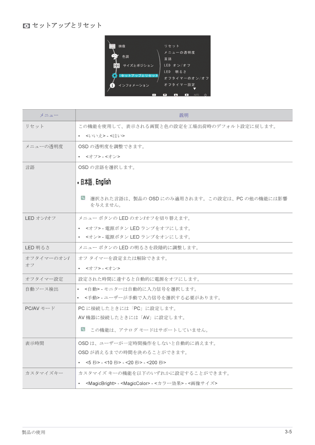 Samsung LS24LRZKUV/XJ manual セットアップとリセット 