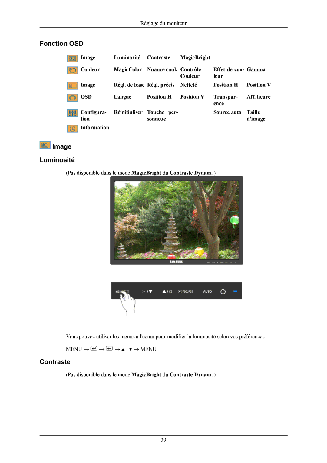 Samsung LS24MYKABCA/EN, LS24MYKABC/EDC manual Fonction OSD, Image Luminosité, Contraste 