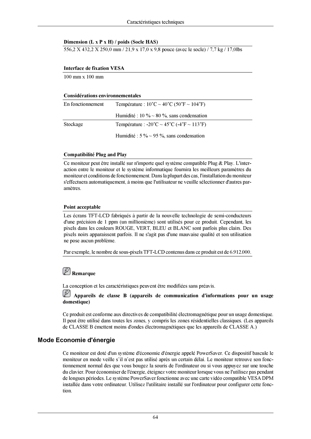 Samsung LS24MYKABC/EDC manual Mode Economie dénergie, Interface de fixation Vesa, Considérations environnementales 