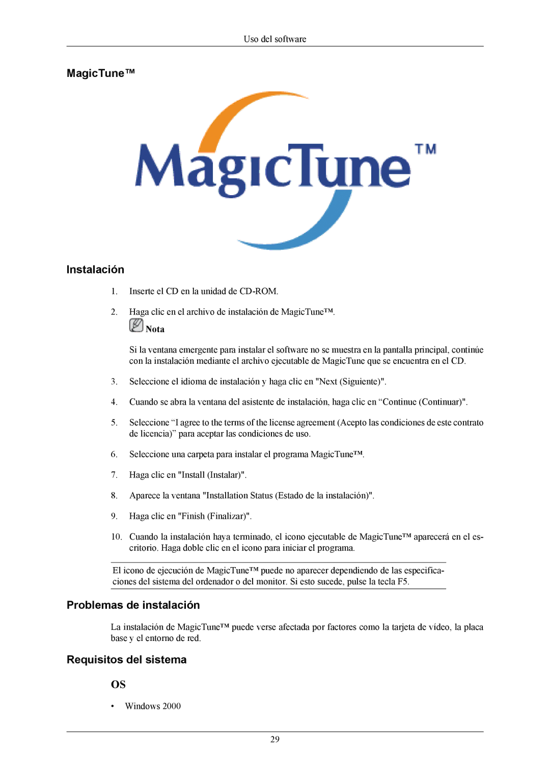 Samsung LS24MYKABCA/EN, LS24MYKABC/EDC manual MagicTune Instalación, Problemas de instalación, Requisitos del sistema 