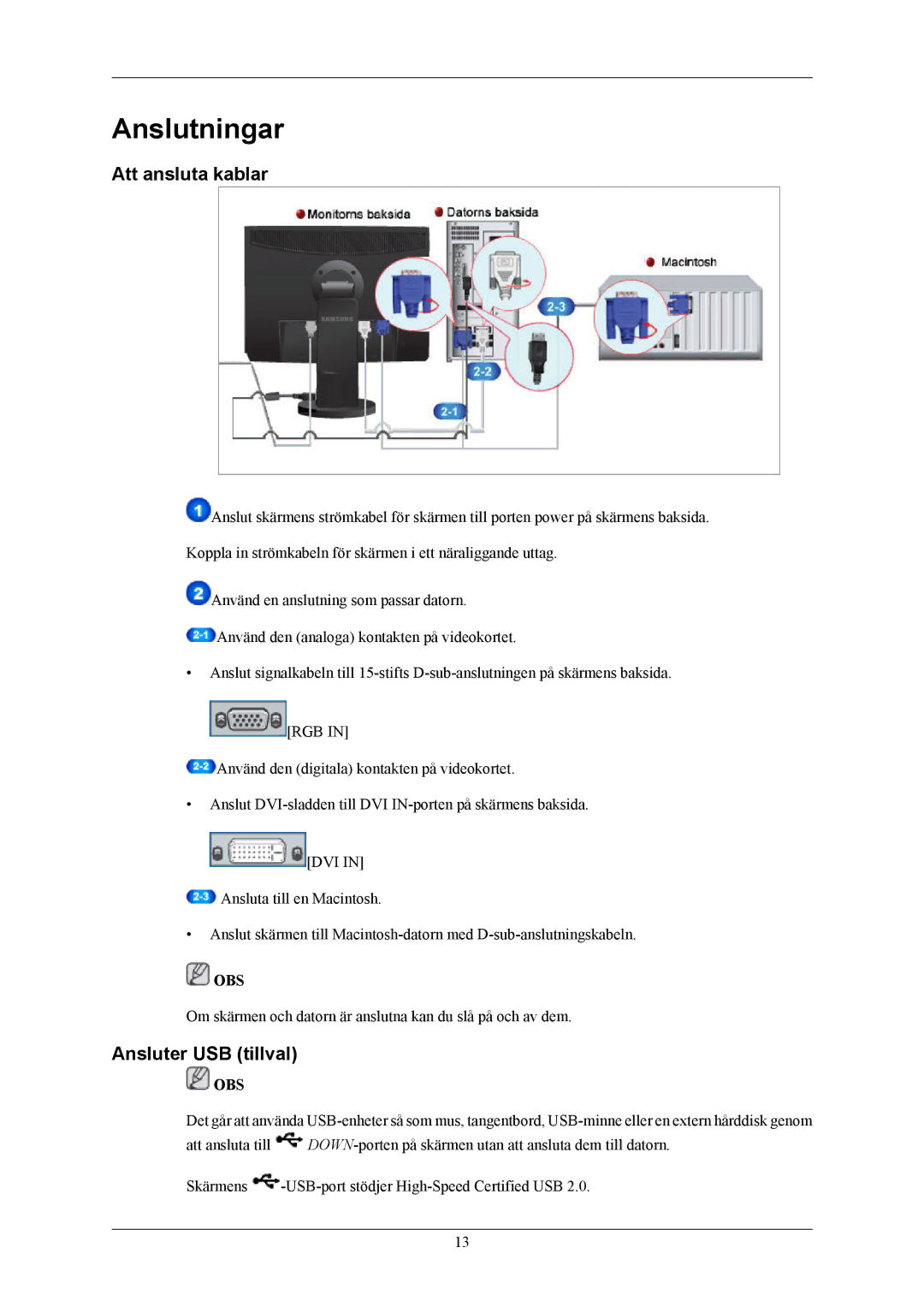 Samsung LS24MYKABCA/EN, LS24MYKABC/EDC manual Anslutningar, Att ansluta kablar, Ansluter USB tillval 