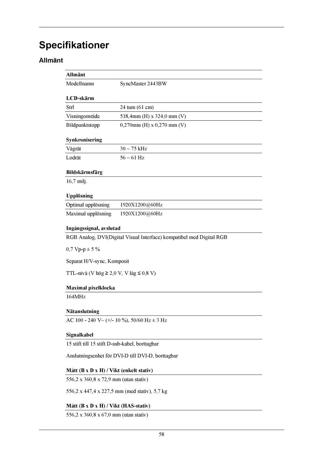 Samsung LS24MYKABC/EDC, LS24MYKABCA/EN manual Specifikationer, Allmänt 