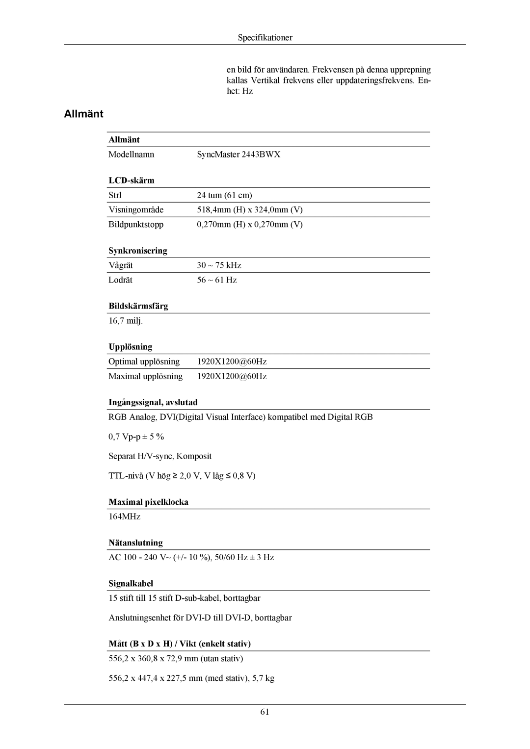 Samsung LS24MYKABCA/EN, LS24MYKABC/EDC manual Modellnamn SyncMaster 2443BWX 