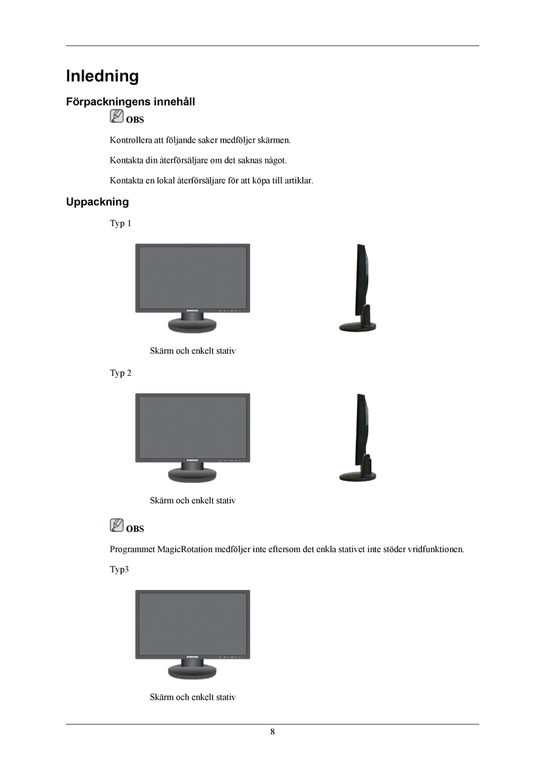 Samsung LS24MYKABC/EDC, LS24MYKABCA/EN manual Inledning, Förpackningens innehåll, Uppackning 