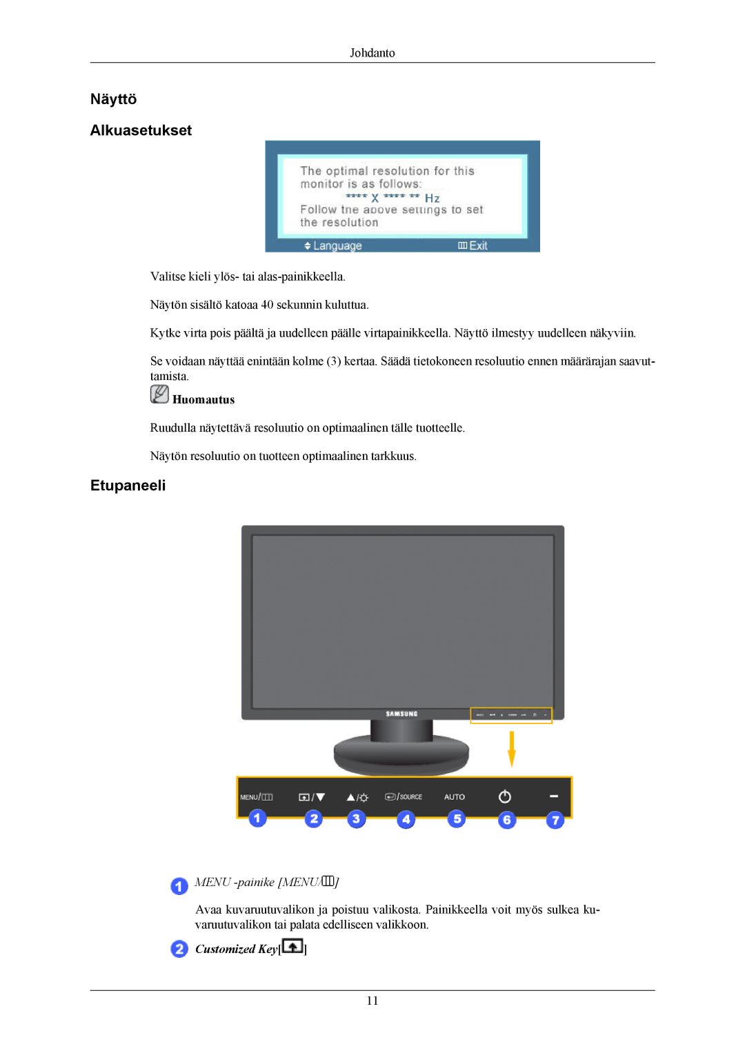 Samsung LS24MYKABCA/EN, LS24MYKABC/EDC manual Näyttö Alkuasetukset, Etupaneeli 