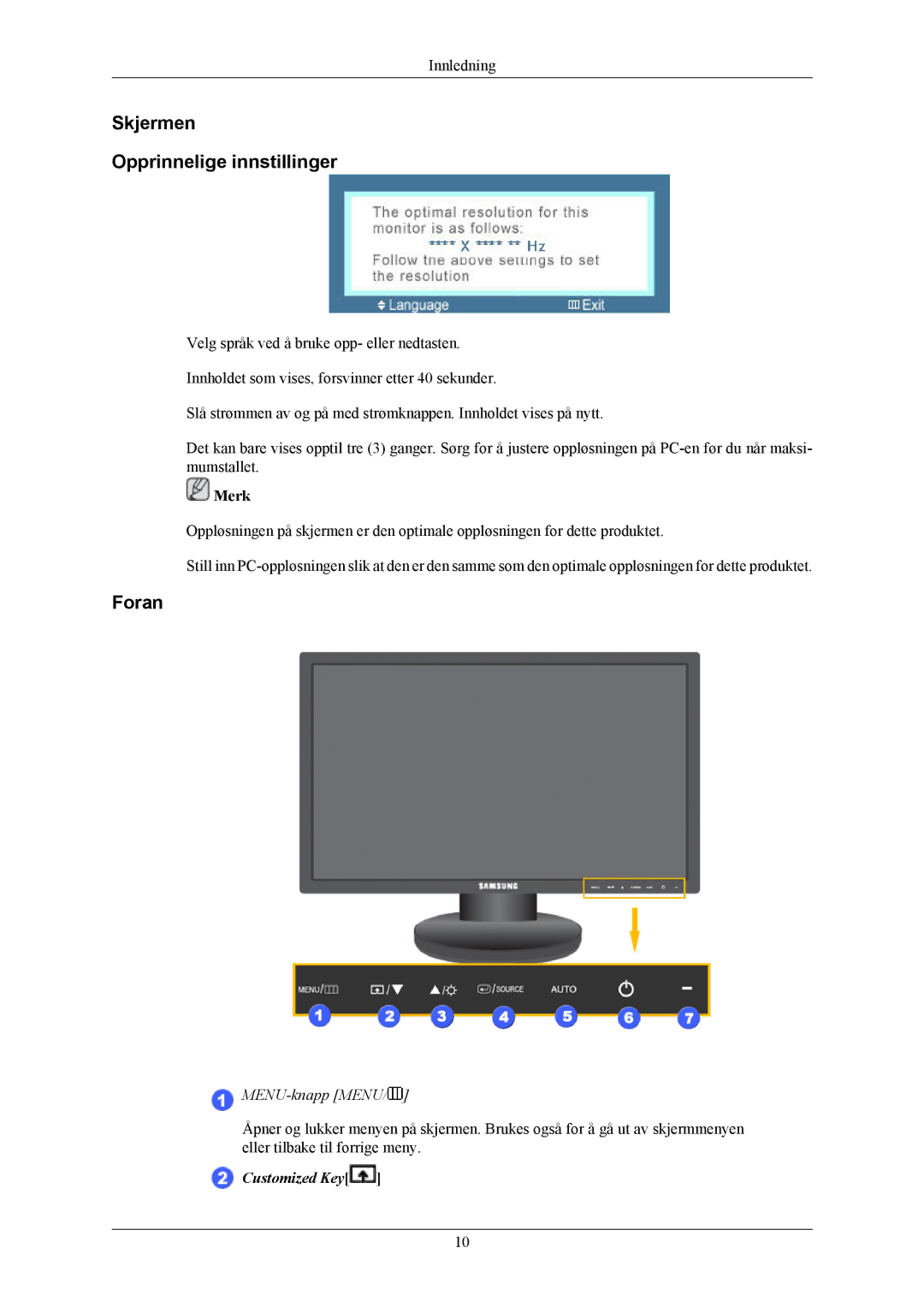 Samsung LS24MYKABC/EDC, LS24MYKABCA/EN manual Skjermen Opprinnelige innstillinger, Foran 