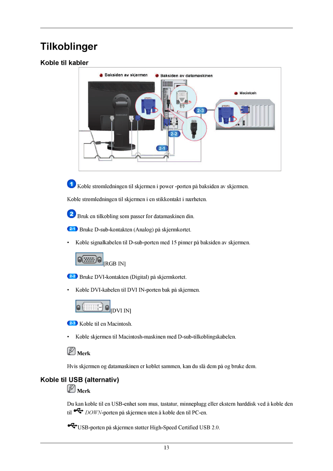 Samsung LS24MYKABCA/EN, LS24MYKABC/EDC manual Tilkoblinger, Koble til kabler, Koble til USB alternativ 