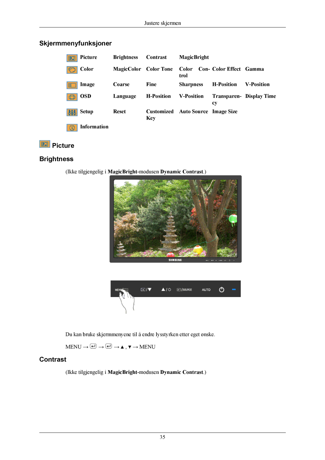 Samsung LS24MYKABCA/EN, LS24MYKABC/EDC manual Skjermmenyfunksjoner, Picture Brightness, Contrast 