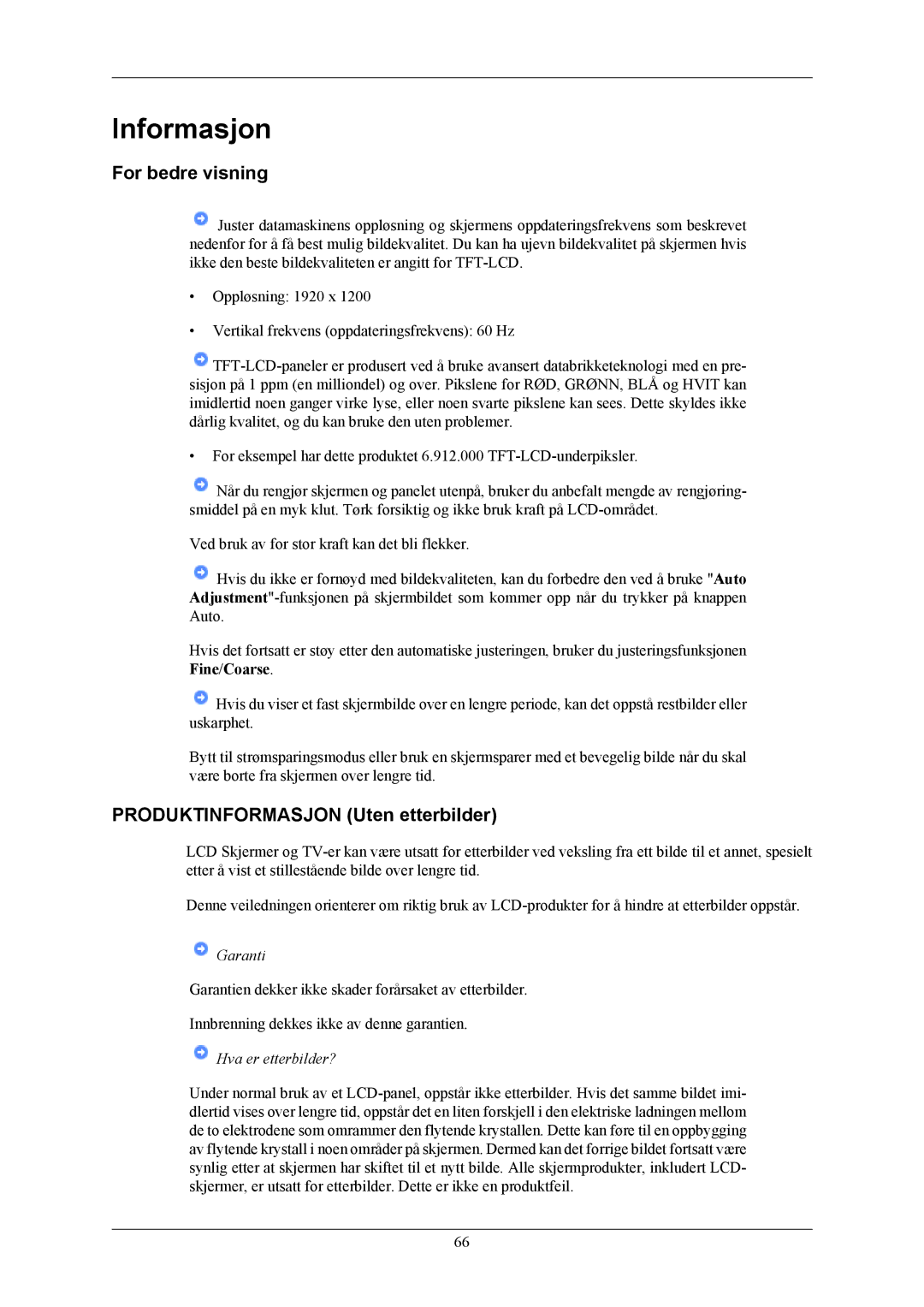 Samsung LS24MYKABC/EDC, LS24MYKABCA/EN manual Informasjon, For bedre visning, Produktinformasjon Uten etterbilder 