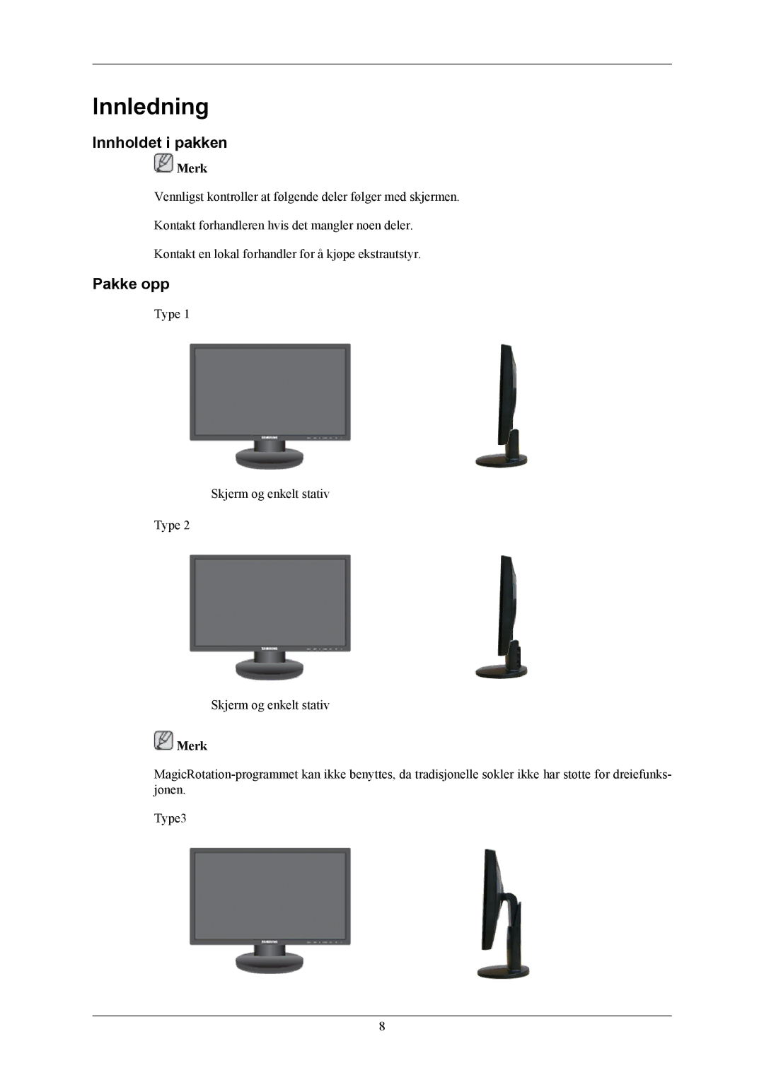 Samsung LS24MYKABC/EDC, LS24MYKABCA/EN manual Innledning, Innholdet i pakken, Pakke opp 