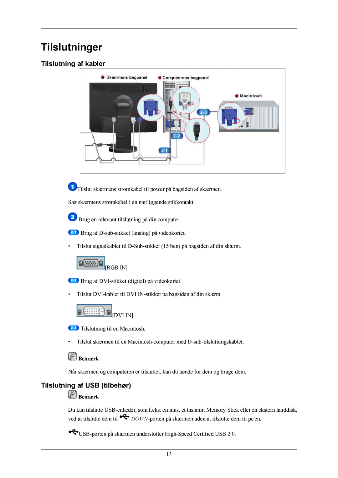 Samsung LS24MYKABCA/EN, LS24MYKABC/EDC manual Tilslutninger, Tilslutning af kabler, Tilslutning af USB tilbehør 