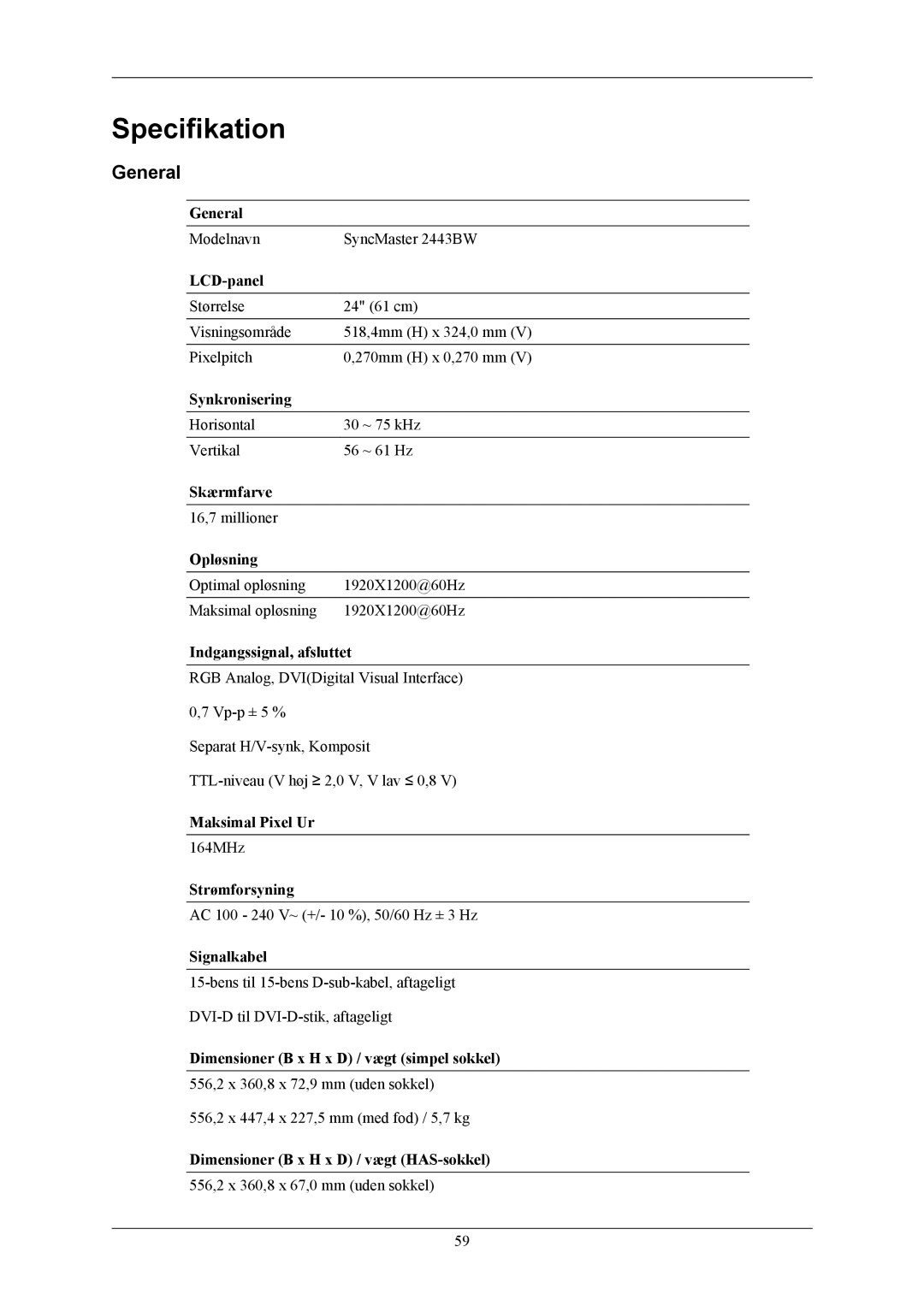 Samsung LS24MYKABCA/EN, LS24MYKABC/EDC manual Specifikation, General 