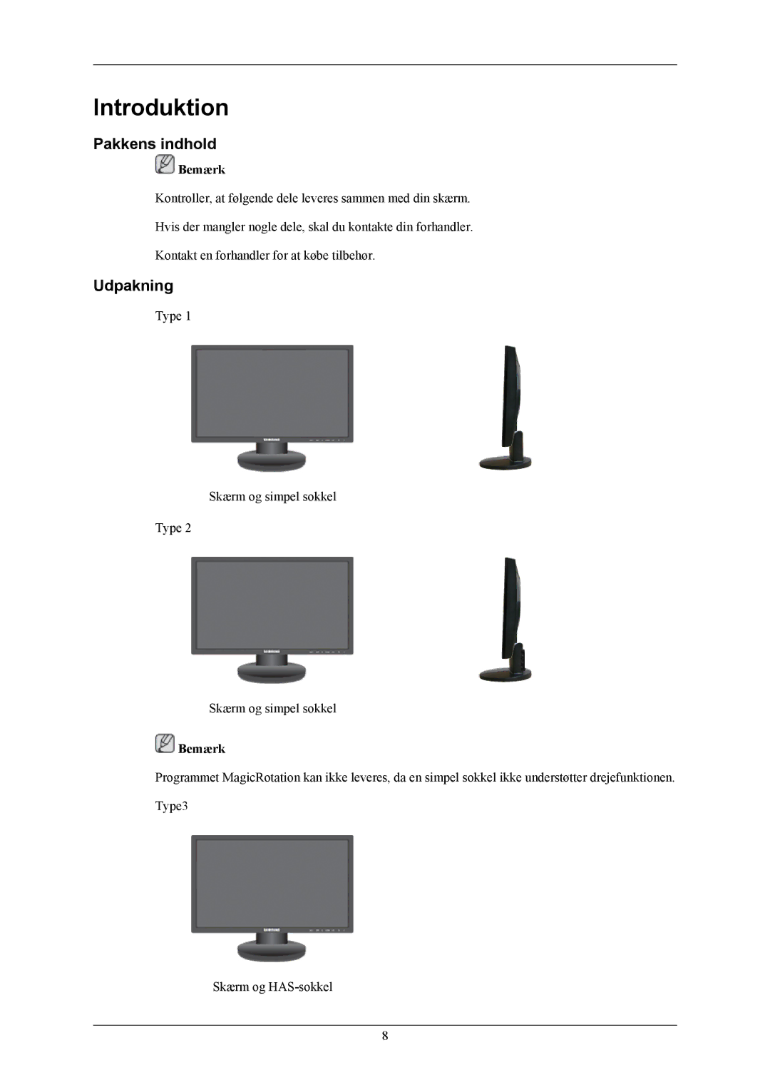 Samsung LS24MYKABC/EDC, LS24MYKABCA/EN manual Introduktion, Pakkens indhold, Udpakning 