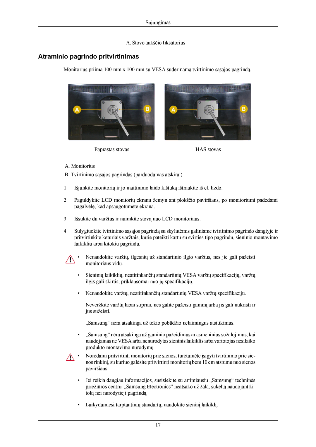 Samsung LS24MYKABCA/EN, LS24MYKABC/EDC manual Atraminio pagrindo pritvirtinimas 