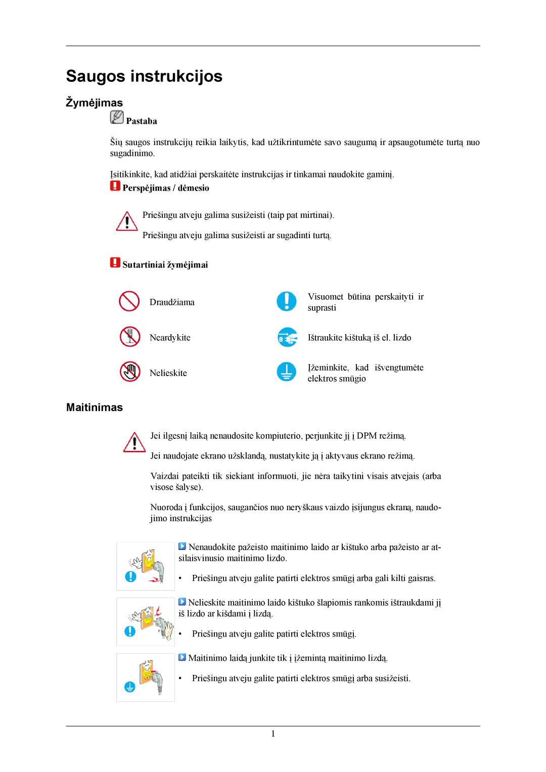 Samsung LS24MYKABCA/EN, LS24MYKABC/EDC manual Saugos instrukcijos, Žymėjimas, Maitinimas 