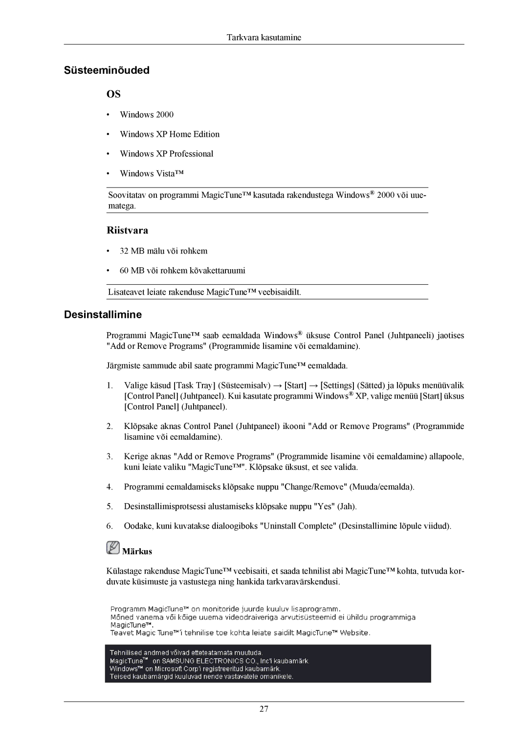 Samsung LS24MYKABCA/EN, LS24MYKABC/EDC manual Süsteeminõuded, Desinstallimine 