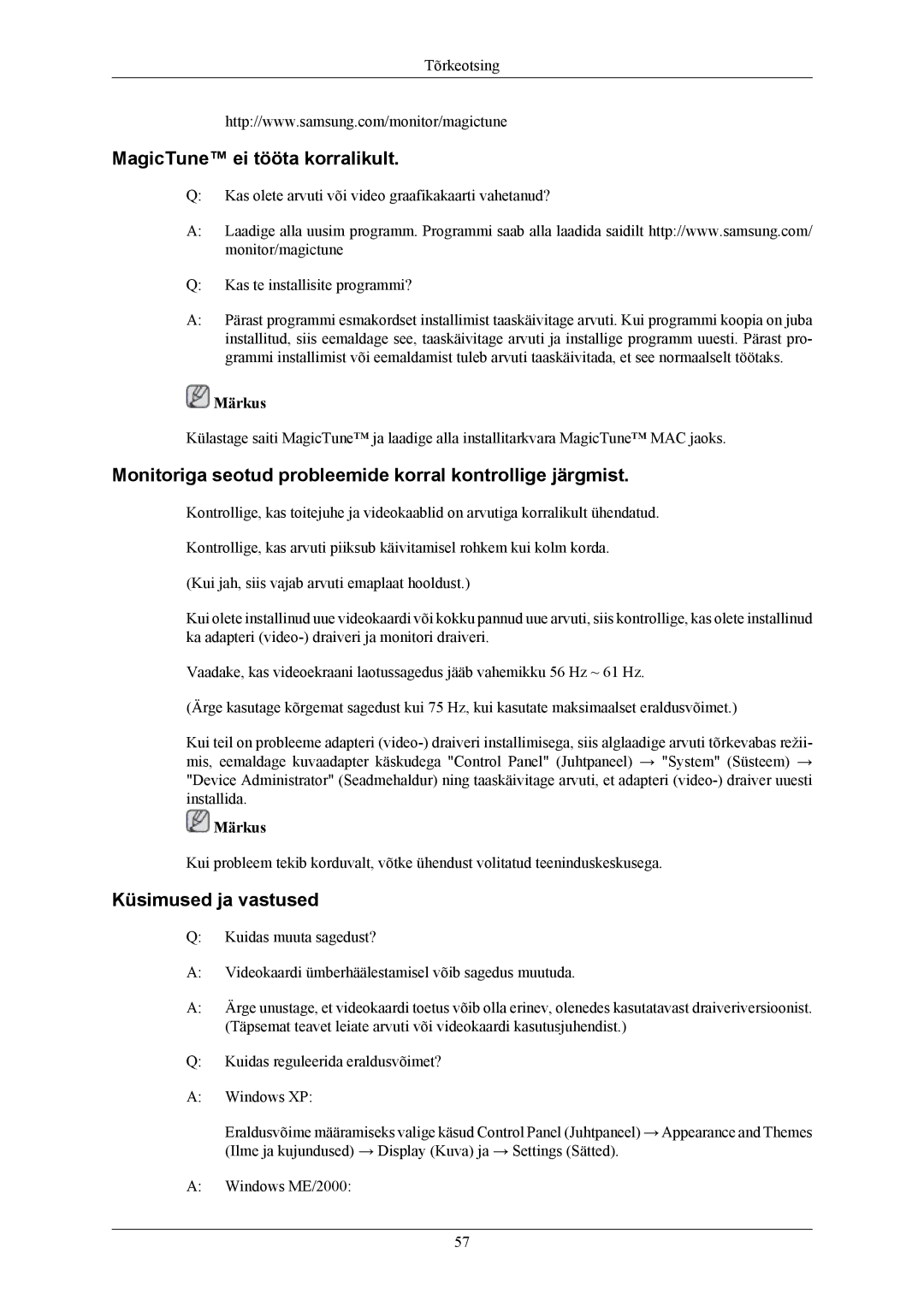 Samsung LS24MYKABCA/EN manual MagicTune ei tööta korralikult, Monitoriga seotud probleemide korral kontrollige järgmist 