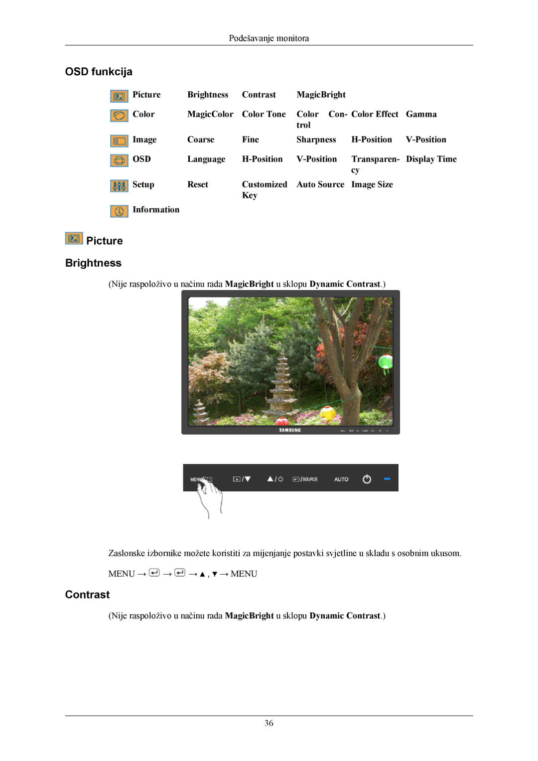 Samsung LS24MYKABC/EDC, LS24MYKABCA/EN manual OSD funkcija, Picture Brightness, Contrast 