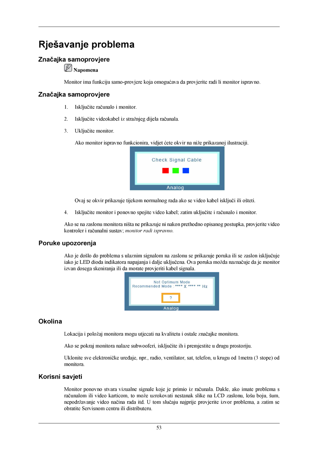 Samsung LS24MYKABCA/EN manual Rješavanje problema, Značajka samoprovjere, Poruke upozorenja, Okolina, Korisni savjeti 