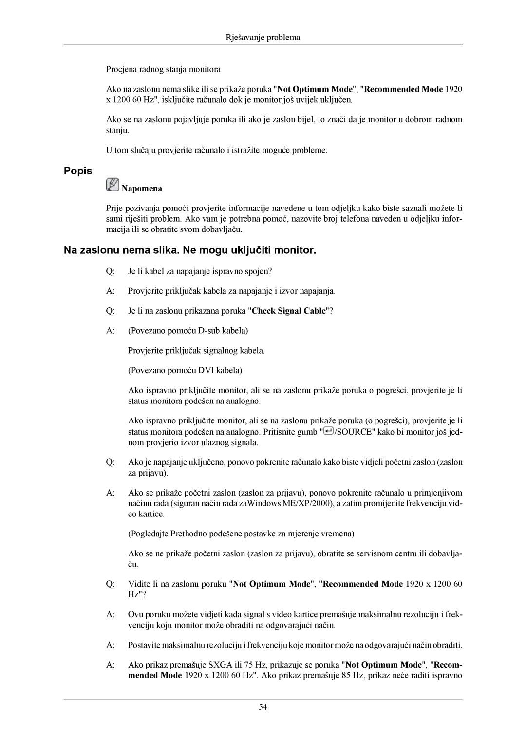 Samsung LS24MYKABC/EDC, LS24MYKABCA/EN manual Popis, Na zaslonu nema slika. Ne mogu uključiti monitor 