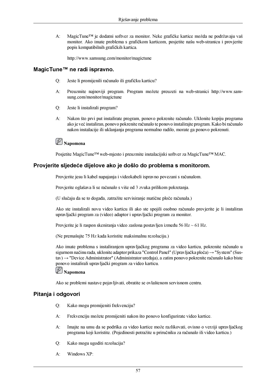 Samsung LS24MYKABCA/EN, LS24MYKABC/EDC manual MagicTune ne radi ispravno, Pitanja i odgovori 