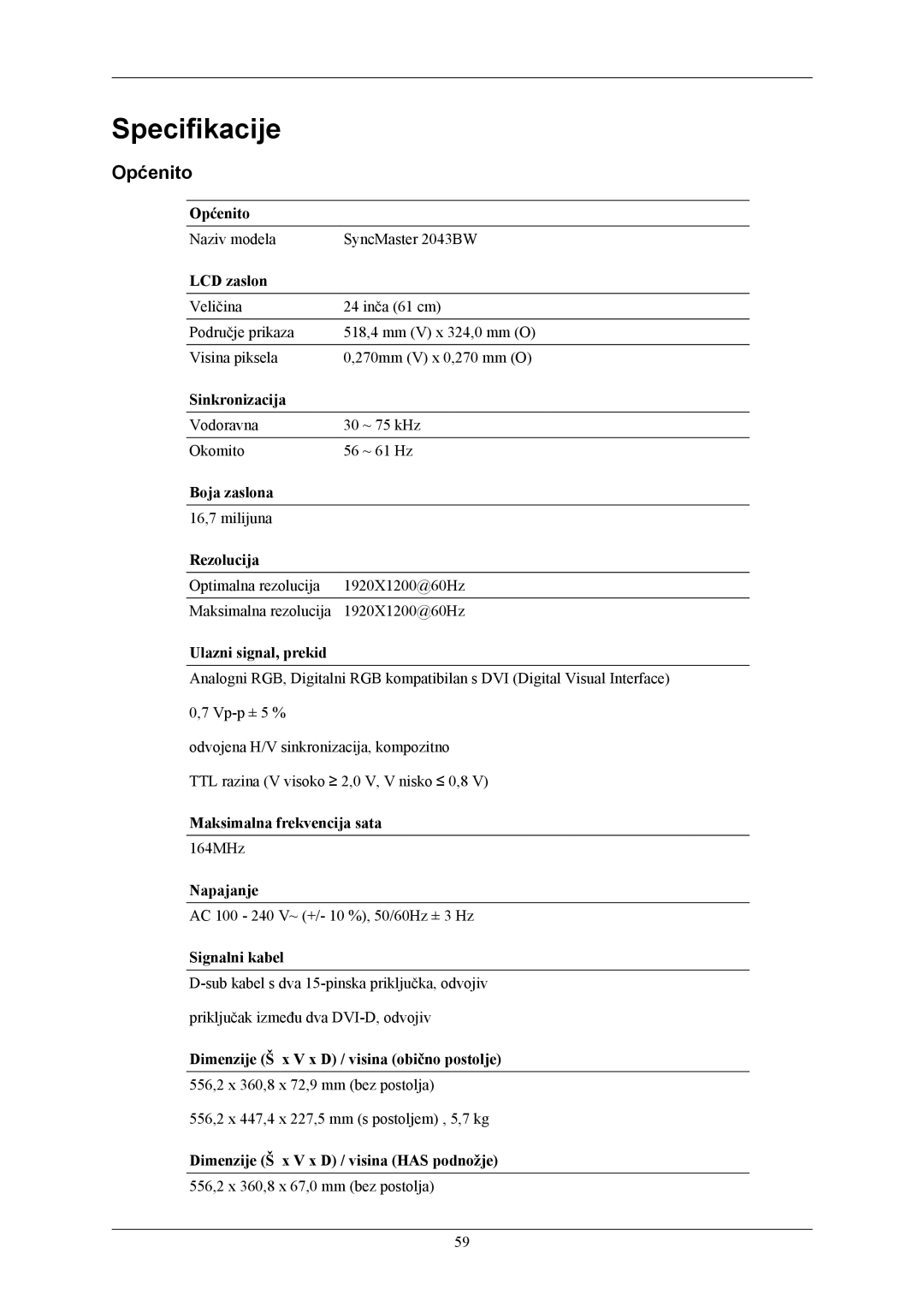 Samsung LS24MYKABCA/EN, LS24MYKABC/EDC manual Specifikacije, Općenito 