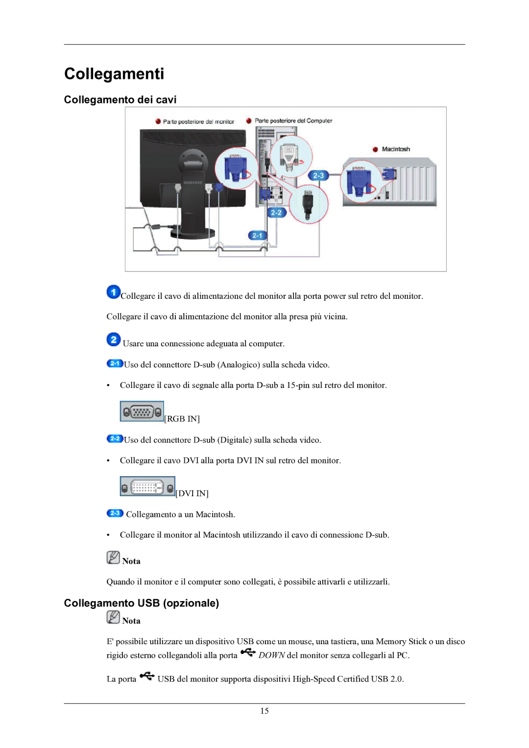 Samsung LS24MYKABC/EDC manual Collegamenti, Collegamento dei cavi, Collegamento USB opzionale 