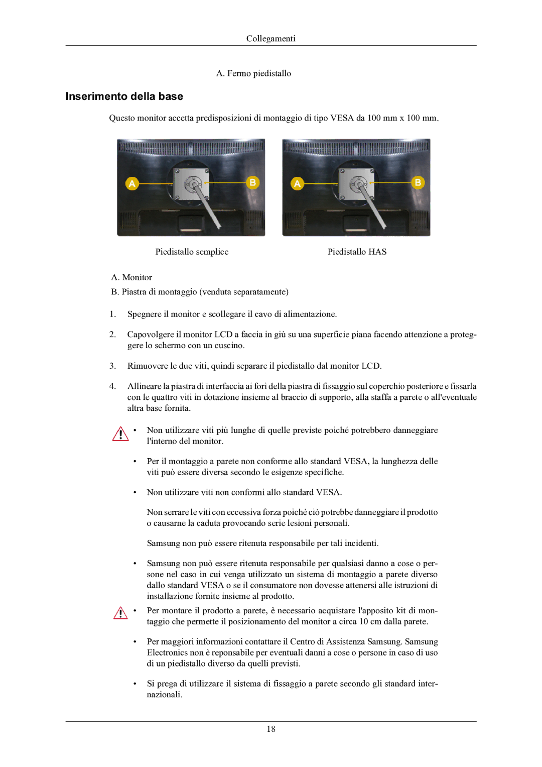 Samsung LS24MYKABC/EDC manual Inserimento della base 