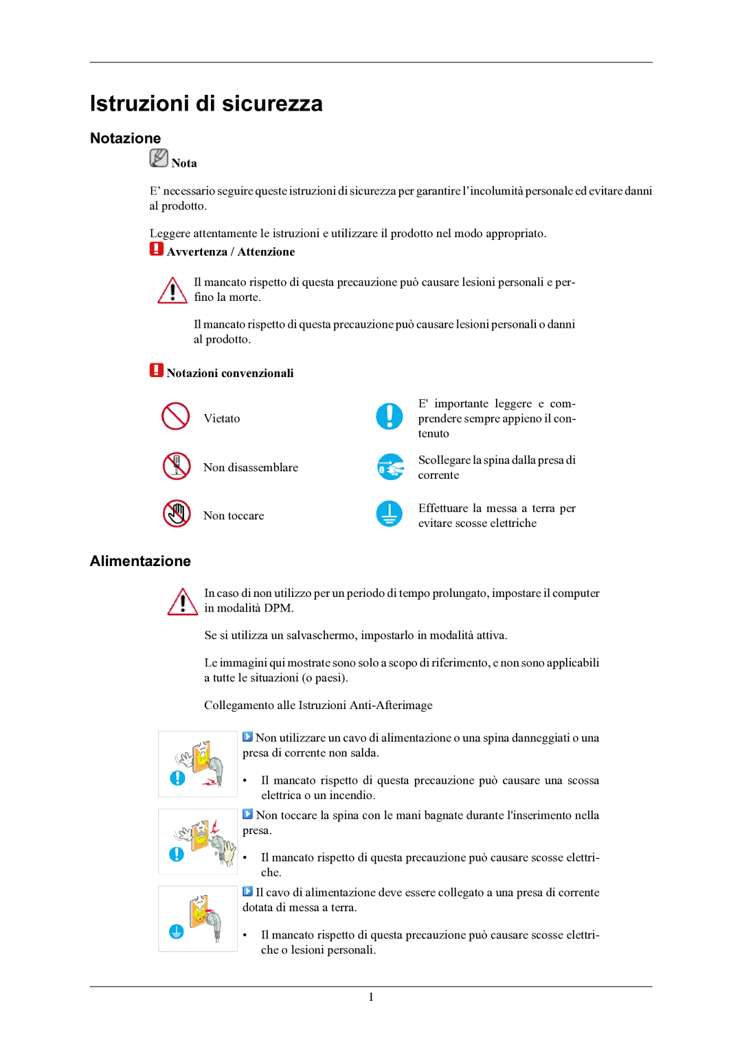 Samsung LS24MYKABC/EDC manual Istruzioni di sicurezza, Notazione, Alimentazione 