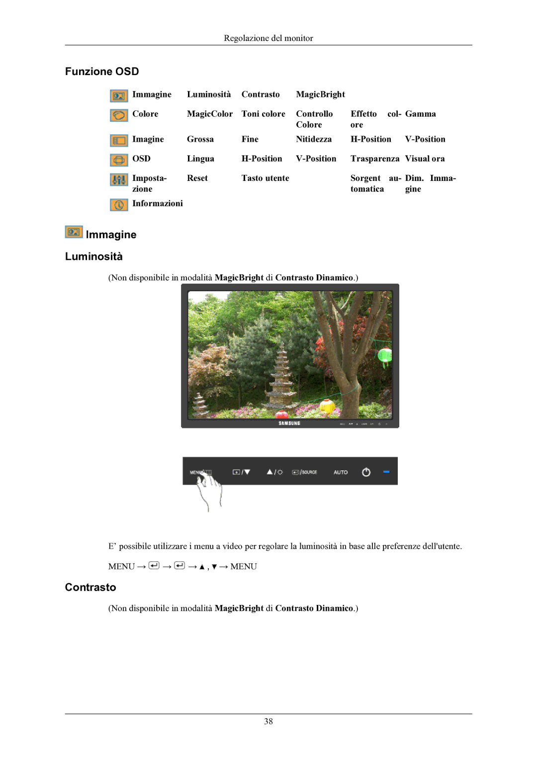 Samsung LS24MYKABC/EDC manual Funzione OSD, Immagine Luminosità, Contrasto 