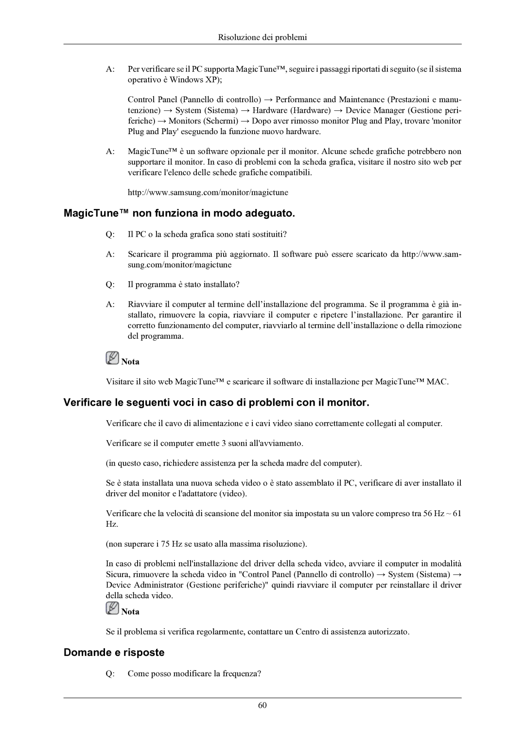 Samsung LS24MYKABC/EDC manual MagicTune non funziona in modo adeguato, Domande e risposte 