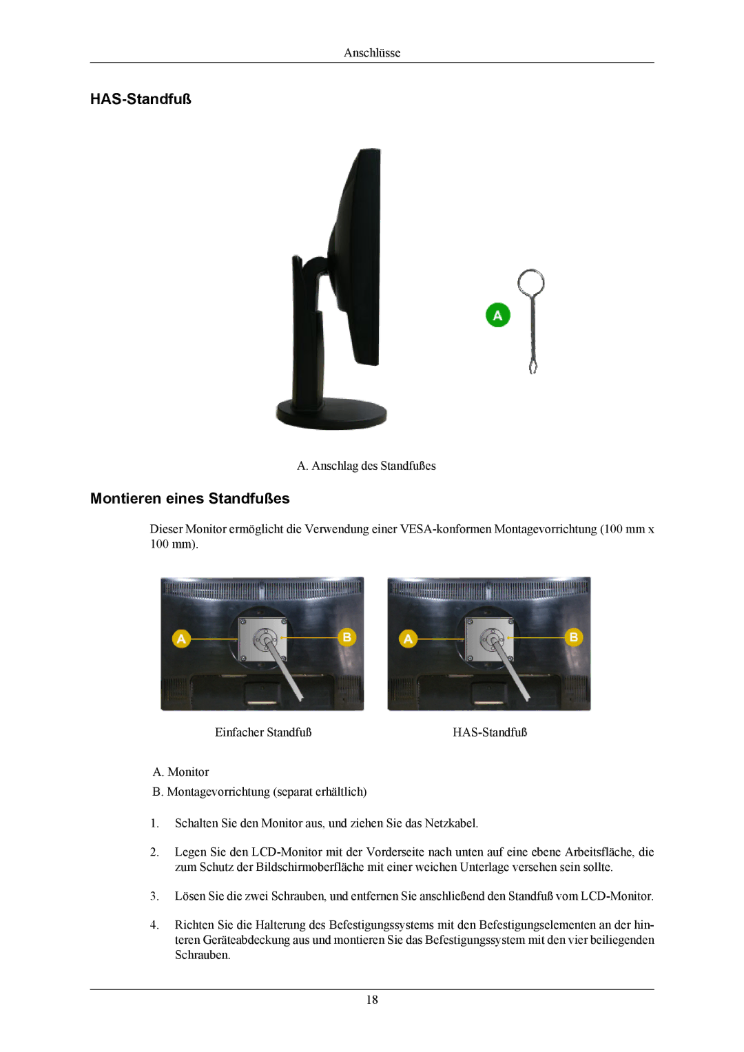 Samsung LS23MYZABCA/EN, LS24MYKDSC/EDC, LS24MYKDSCA/EN, LS23MYZABC/EDC manual HAS-Standfuß, Montieren eines Standfußes 