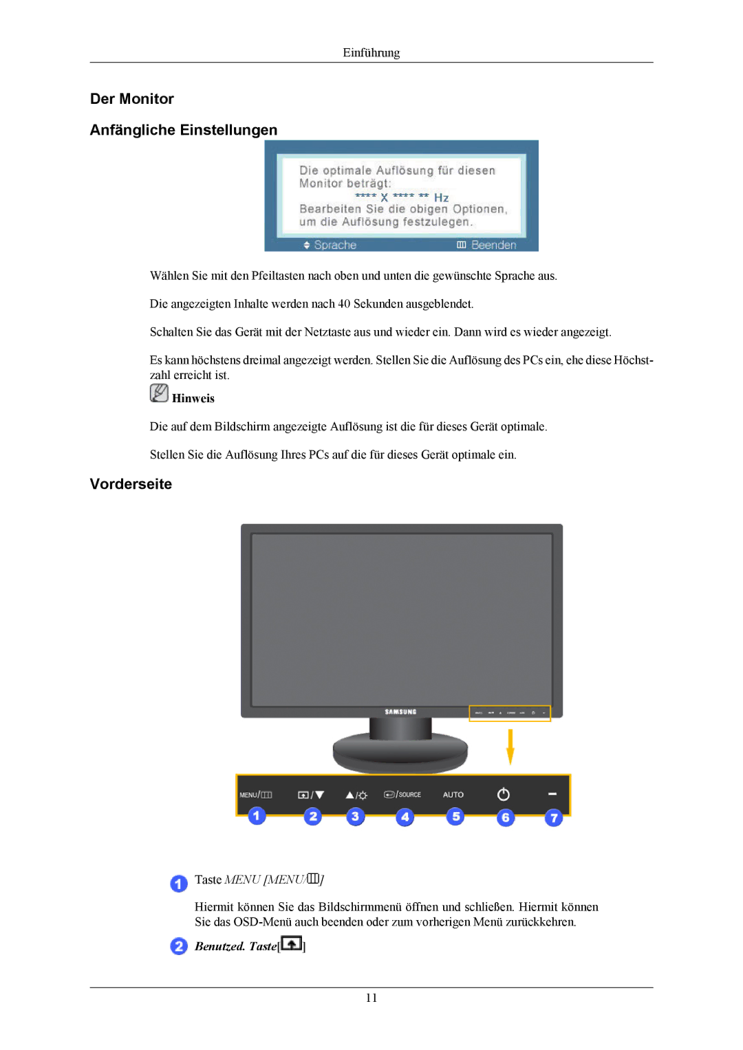 Samsung LS24MYKABC/EDC, LS24MYKDSC/EDC, LS24MYKDSCA/EN, LS23MYZABC/EDC Der Monitor Anfängliche Einstellungen, Vorderseite 