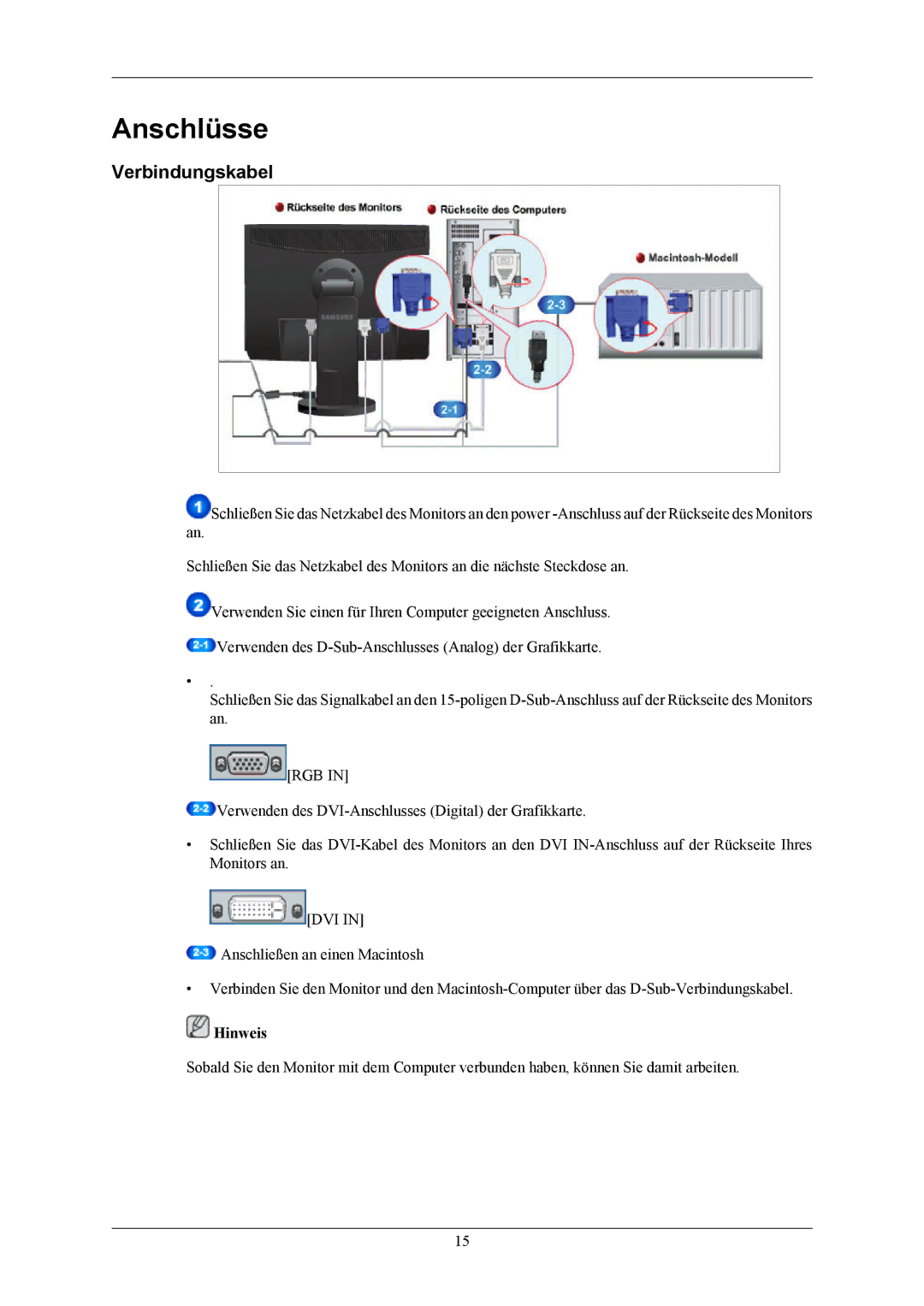 Samsung LS23MYZABC/EDC, LS24MYKDSC/EDC, LS24MYKDSCA/EN, LS24MYKABCA/EN, LS24MYKABC/EDC manual Anschlüsse, Verbindungskabel 