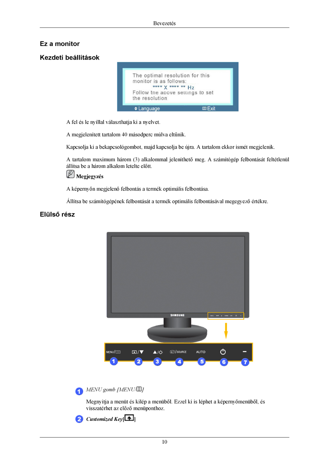 Samsung LS24MYKABC/EDC, LS24MYKDSC/EDC, LS24MYKDSCA/EN, LS23MYZABC/EDC manual Ez a monitor Kezdeti beállítások, Elülső rész 