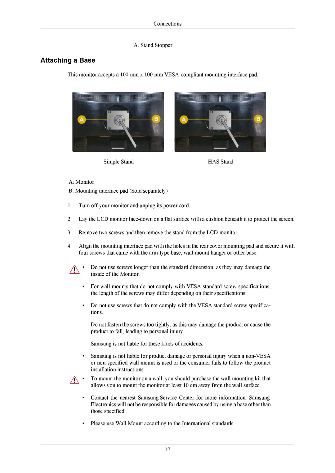 Samsung LS24MYKABCAYEN, LS24MYKDSC/EDC, LS24MYKDSCA/EN, LS24MYKKBQ/XSJ, LS23MYZKBQ/XSJ, LS23MYZABC/EDC manual Attaching a Base 