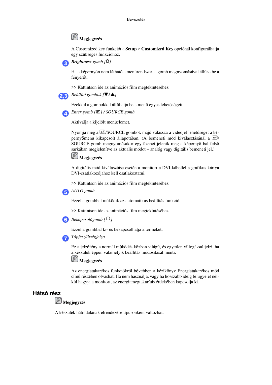 Samsung LS24MYKDSCA/EN, LS24MYKDSC/EDC manual Hátsó rész, Enter gomb / Source gomb, Bekapcsológomb, Tápfeszültségjelzo 