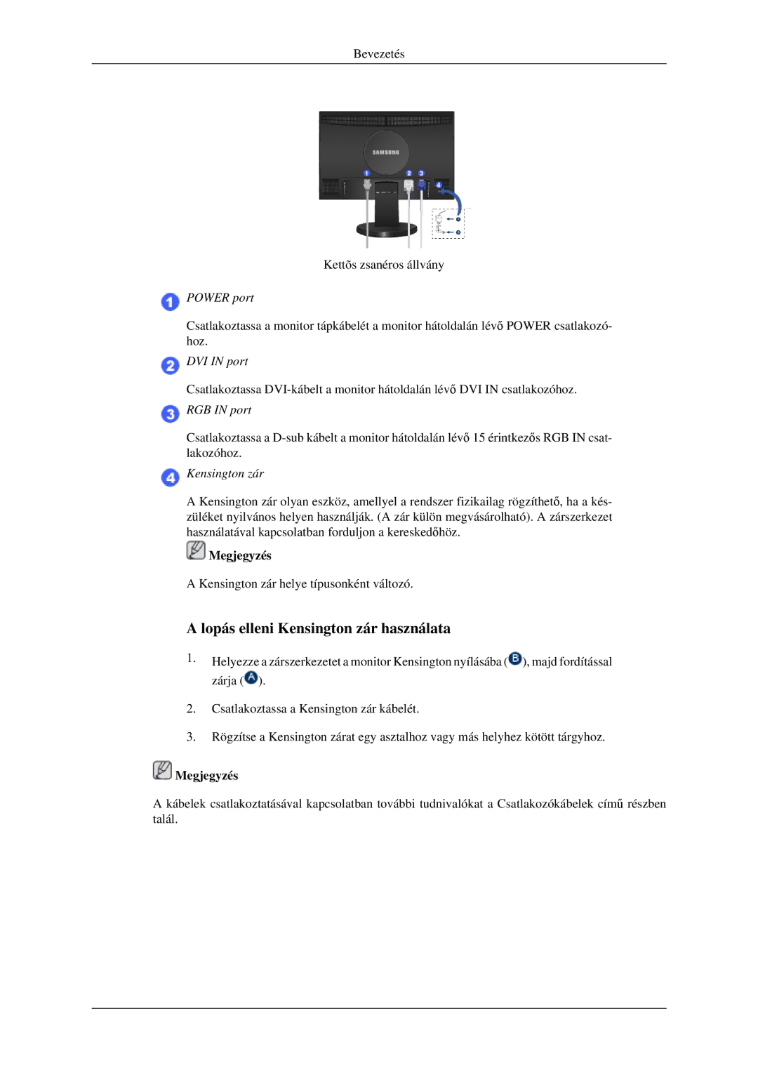 Samsung LS24MYKNSCABEN, LS24MYKDSC/EDC, LS24MYKDSCA/EN manual Power port, DVI in port, RGB in port, Kensington zár 