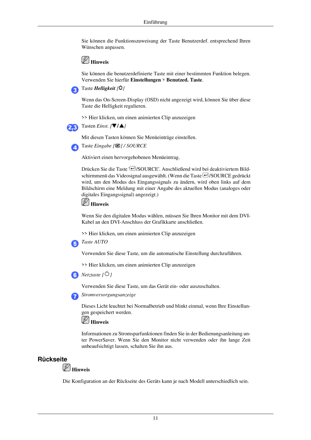 Samsung LS24MYKDSC/EDC, LS24MYKDSCA/EN manual Rückseite, Taste Helligkeit 