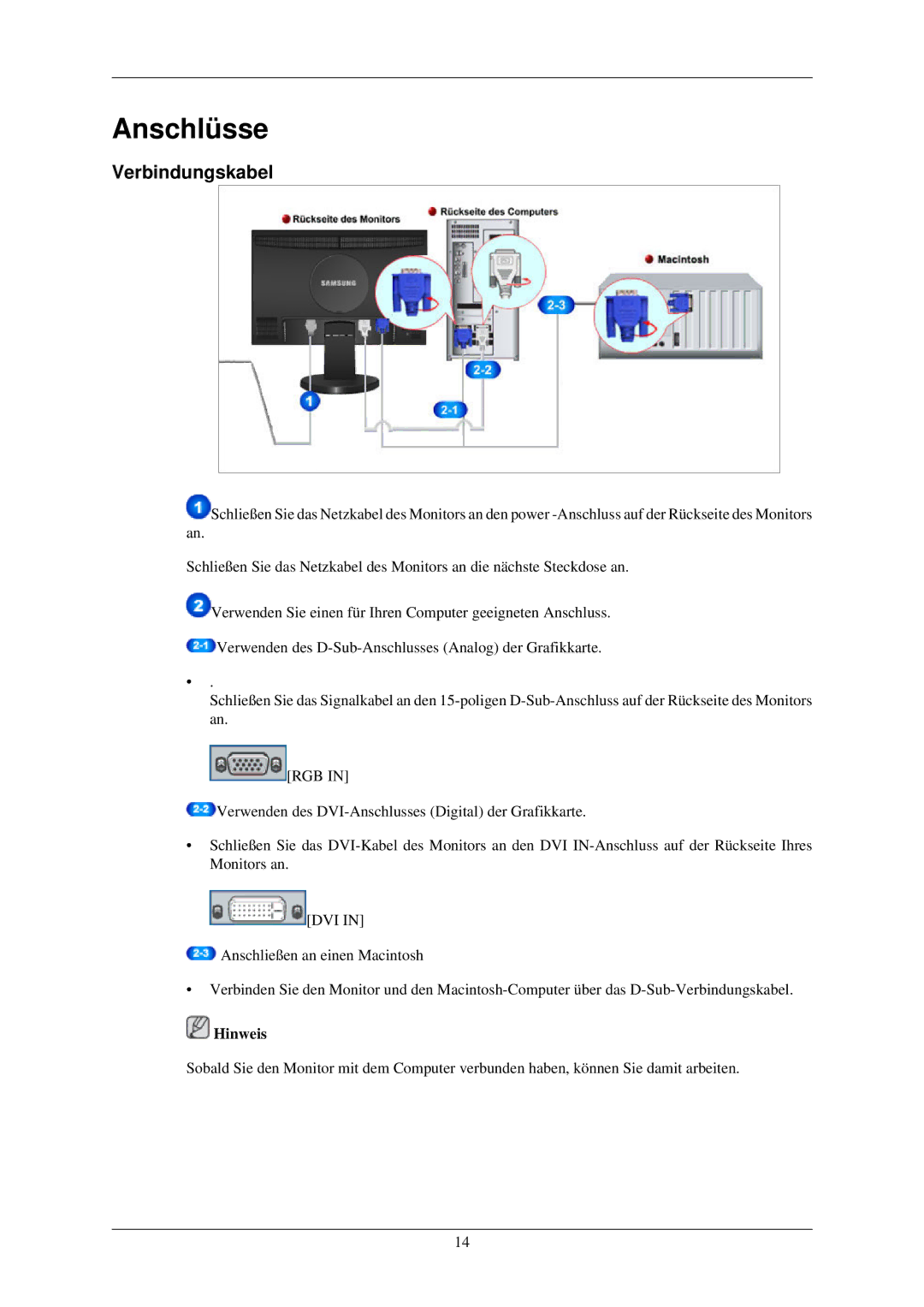 Samsung LS24MYKDSCA/EN, LS24MYKDSC/EDC manual Anschlüsse, Verbindungskabel 