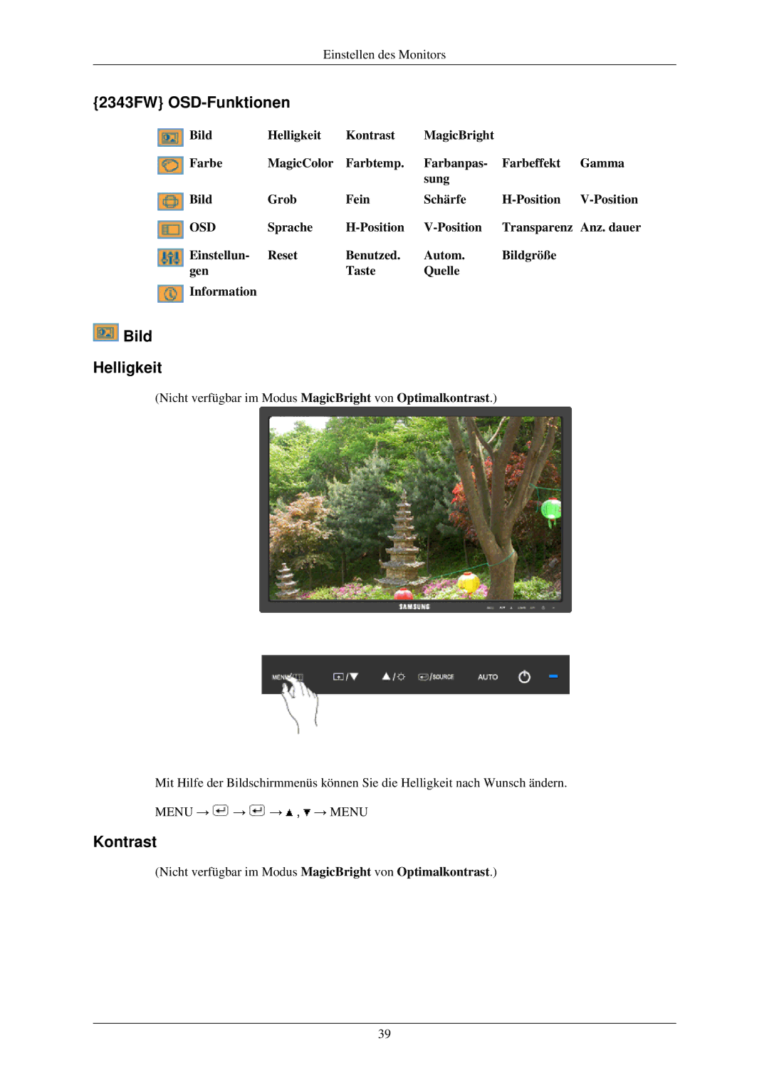 Samsung LS24MYKDSC/EDC, LS24MYKDSCA/EN manual 2343FW OSD-Funktionen, Bild Helligkeit, Kontrast 