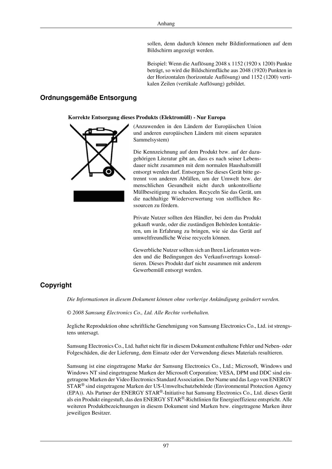 Samsung LS24MYKDSC/EDC Ordnungsgemäße Entsorgung, Copyright, Korrekte Entsorgung dieses Produkts Elektromüll Nur Europa 